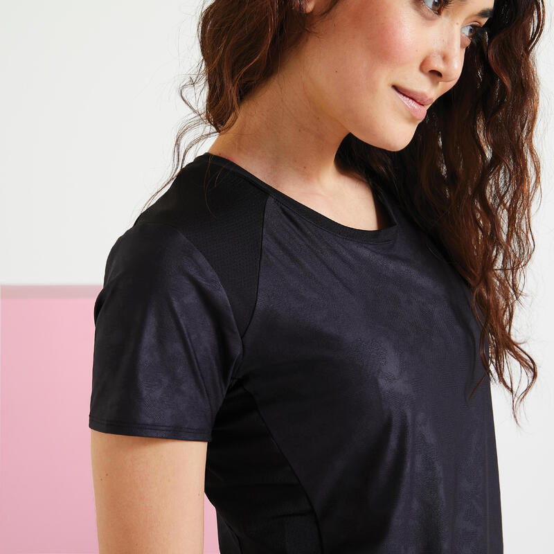 Sport T-Shirt Damen tailliert Fitness Cardio - schwarz