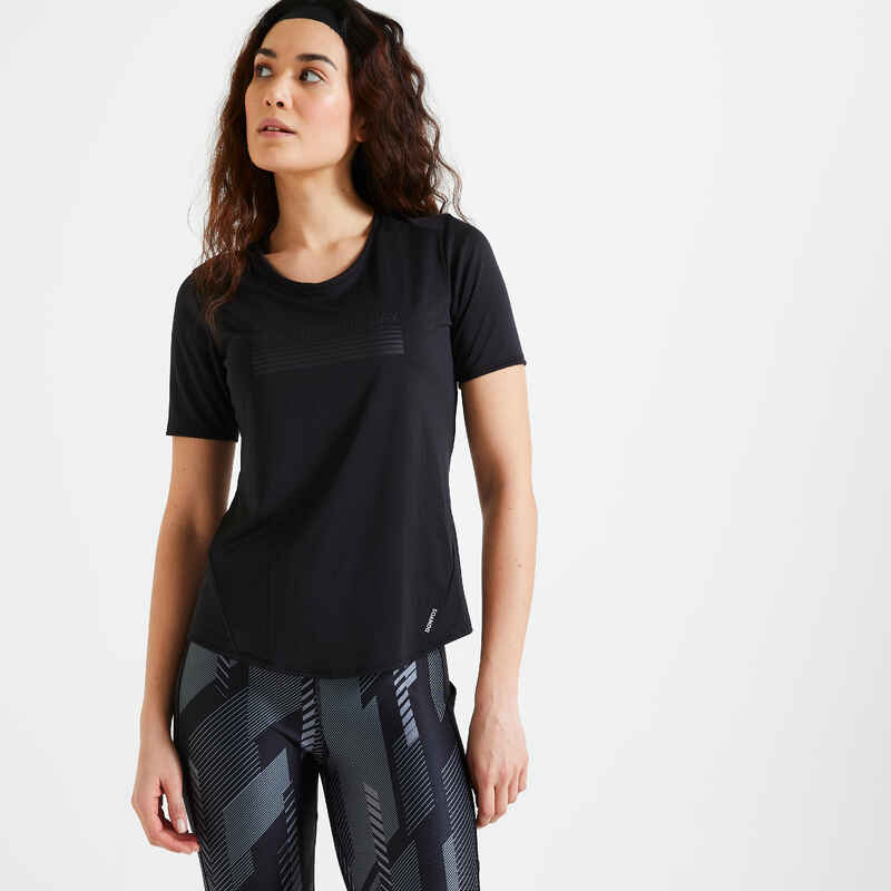Sport T-Shirt Damen tailliert Rundhalsausschnitt - schwarz