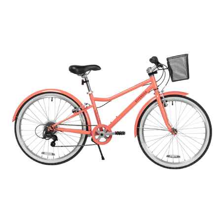 Bicicleta con canasta 500 rin 9 -12 años rosa-naranja -Riverside - Decathlon