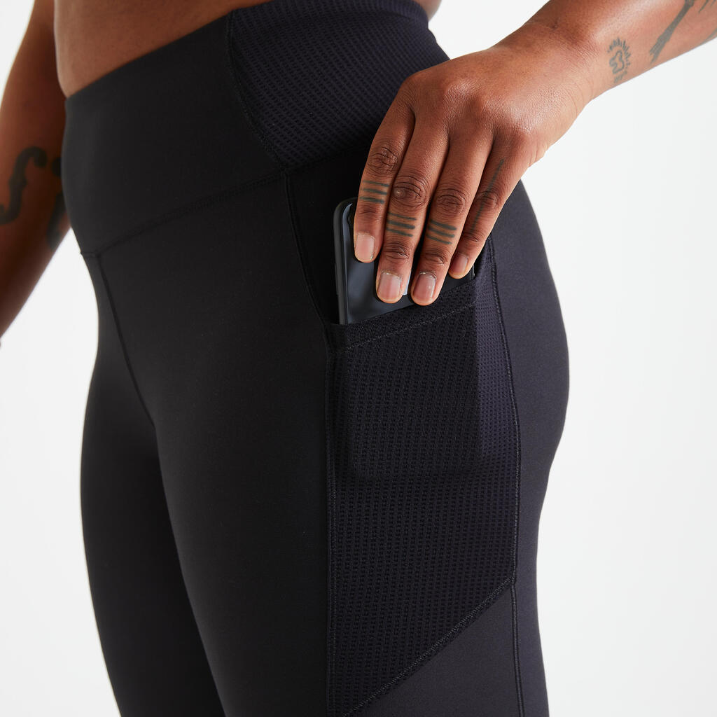 Kurze Leggings mit Smartphonetasche Fitness Cardio Damen schwarz