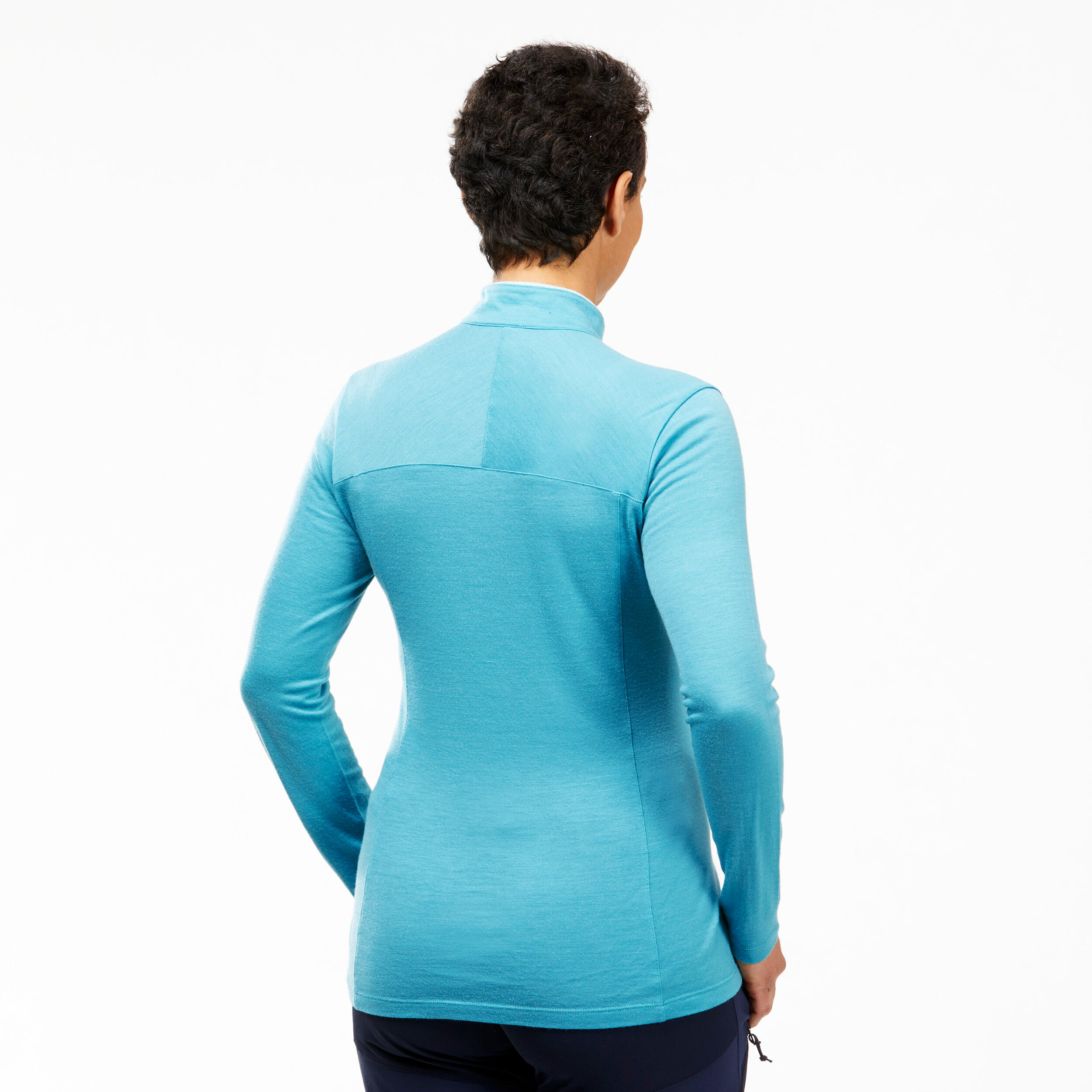 Merino shirt voor trekking dames MT500 lange mouwen rits aan de hals