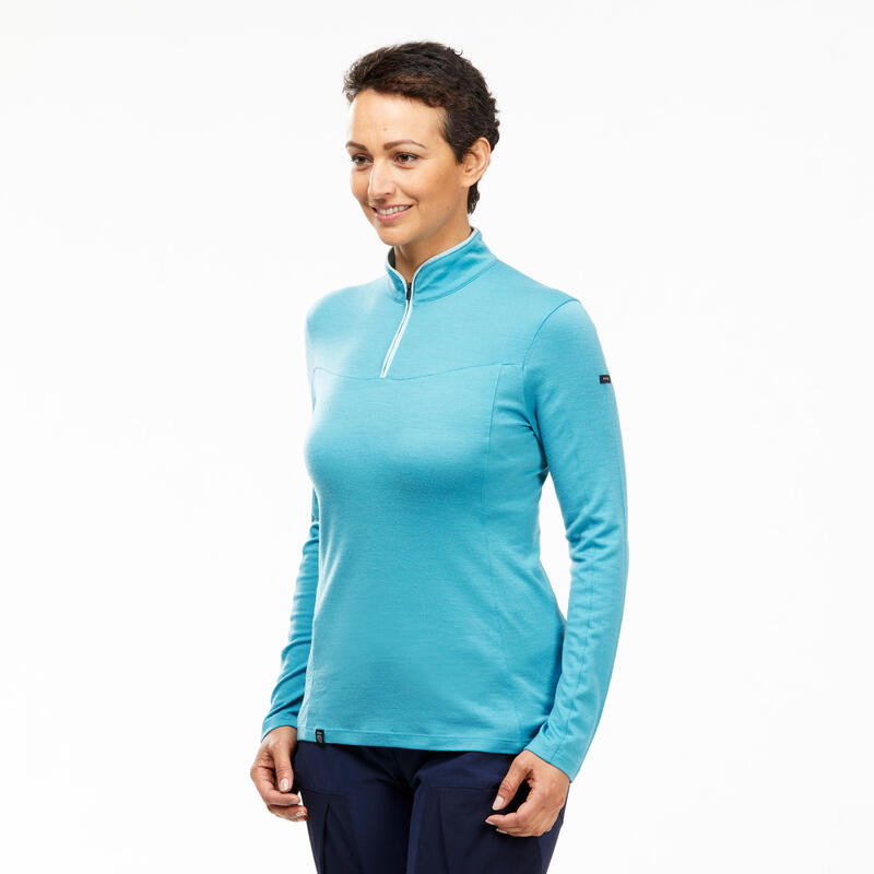 Camiseta montaña y trekking lana merina  Mujer Forclaz Trek 500 azul