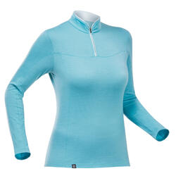T-shirt lana merinos montagna donna TREK 500 WOOL ZIP turchese