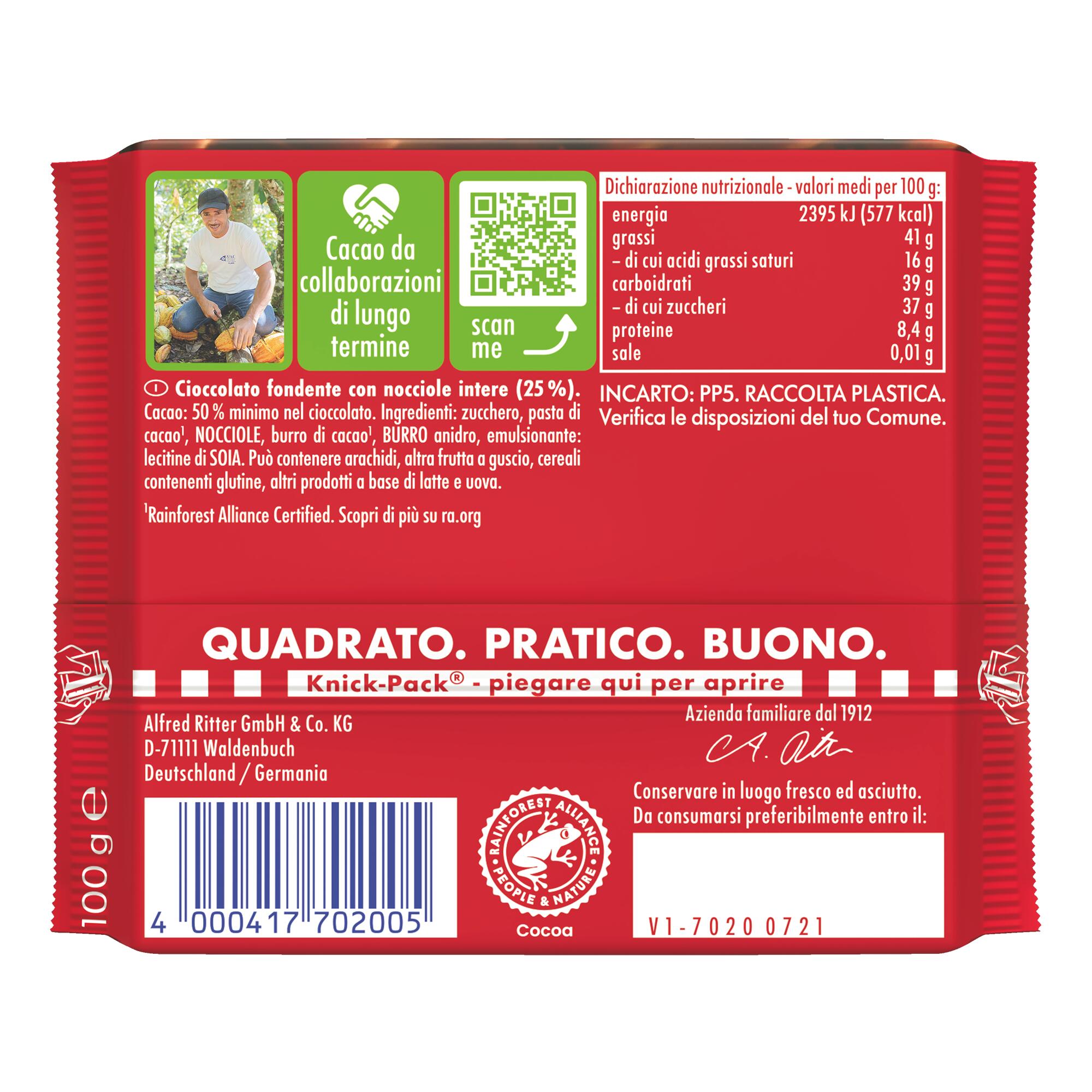 BARRETTA ENERGETICA RITTER SPORT FONDENTE NOCCIOLE INTERE PRIMA DURANTE DOPO 2/3