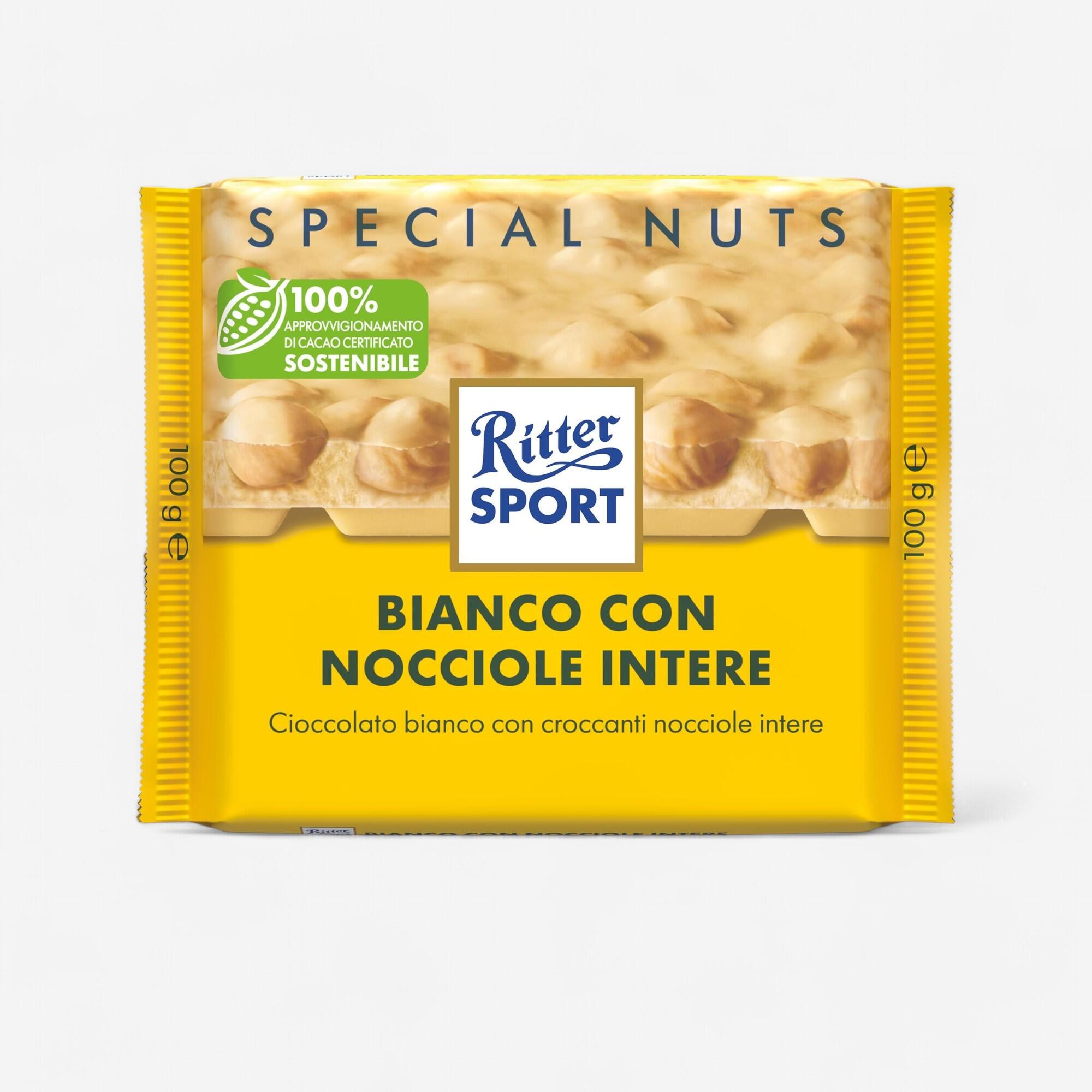 RITTER SPORT BARRETTA ENERGETICA RITTER SPORT BIANCO  CON NOCCIOLE INTERE PRIMA DURANTE DOPO