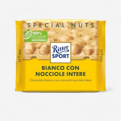 BARRETTA ENERGETICA RITTER SPORT BIANCO CON NOCCIOLE INTERE PRIMA DURANTE DOPO