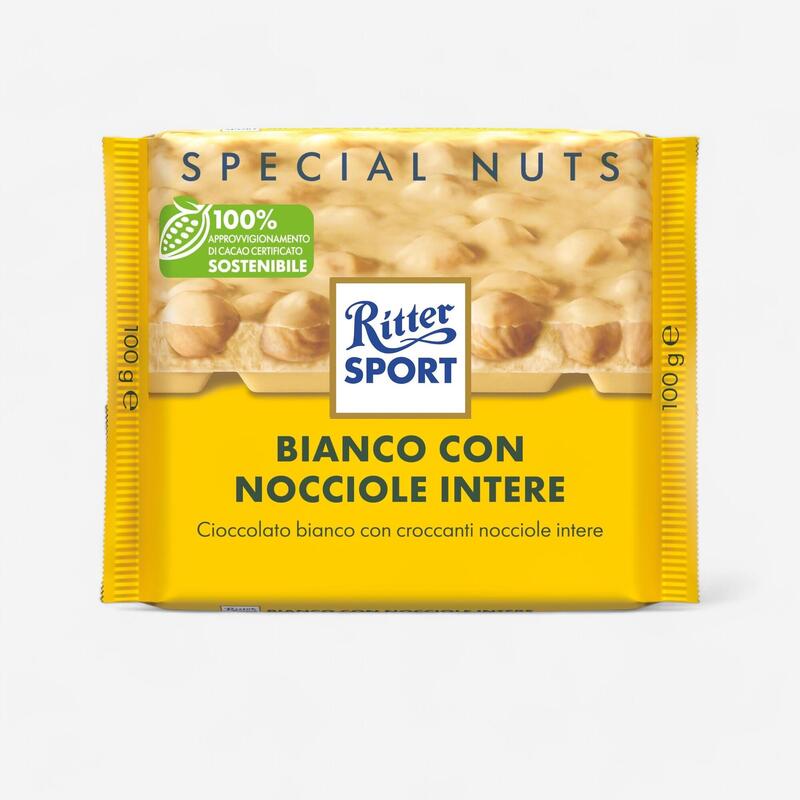 BARRETTA ENERGETICA RITTER SPORT BIANCO CON NOCCIOLE INTERE PRIMA DURANTE DOPO