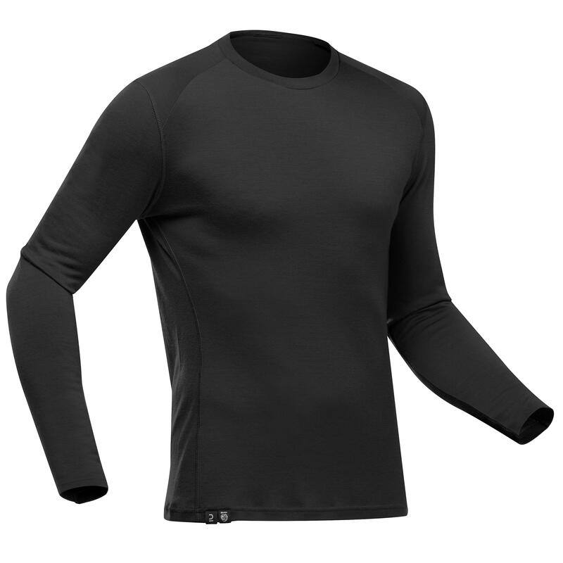 Camiseta de montaña y trekking 100% lana merina Hombre Forclaz MT500 negro