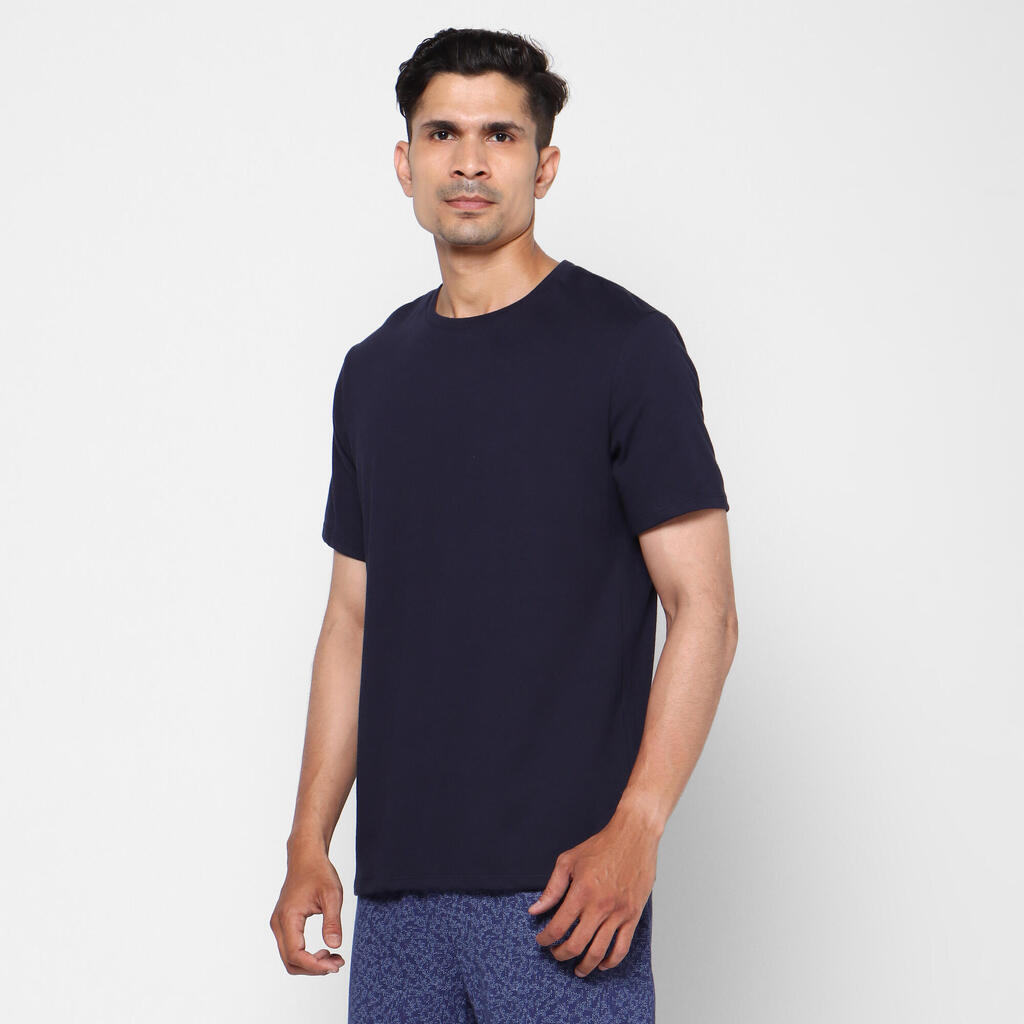 Men's Short-Sleeved Straight-Cut Crew Neck Cotton Fitness T-Shirt 500 Blue/Black