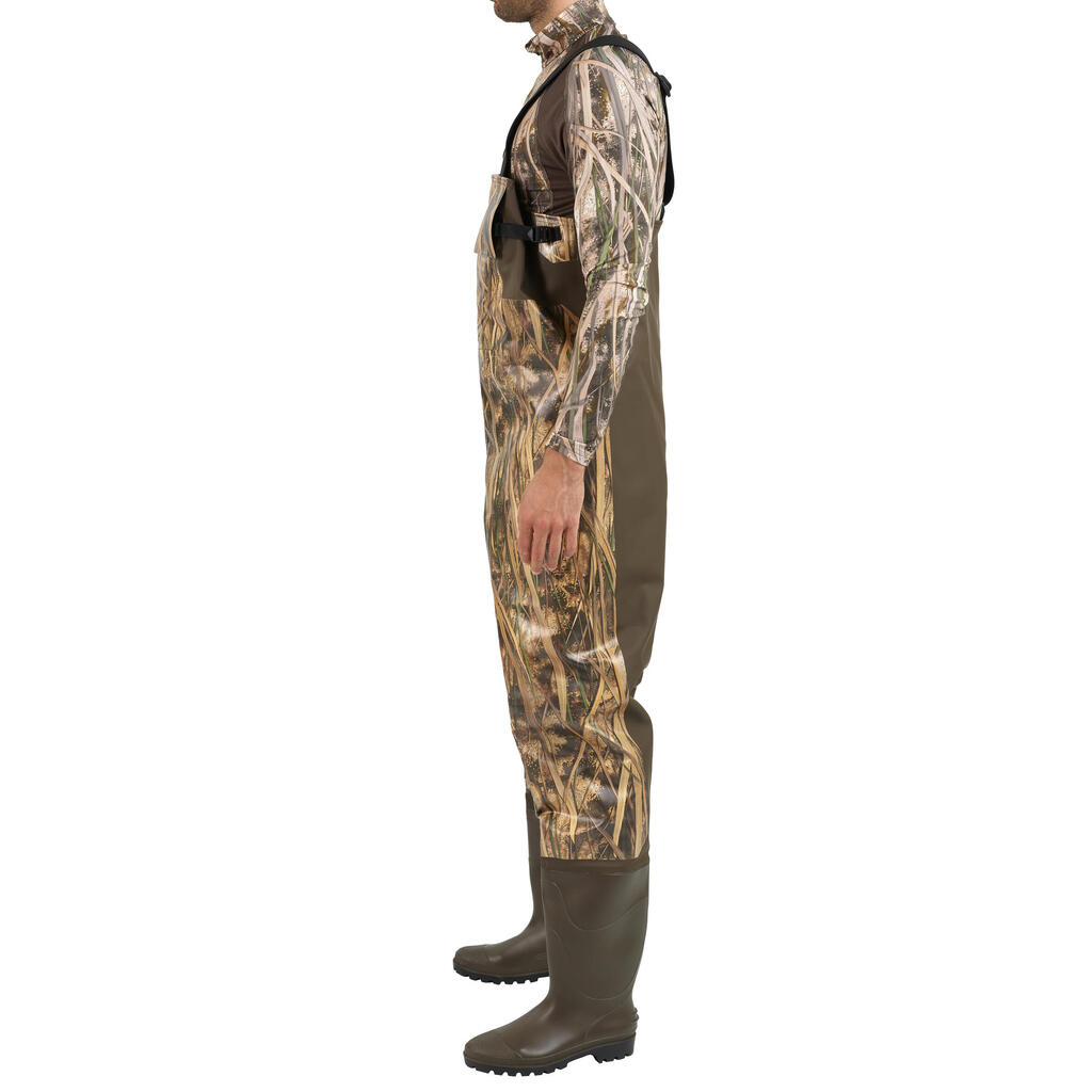 Poľovnícke brodiace nohavice 520 s vreckami močiarne maskovanie
