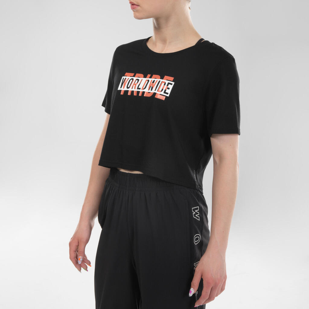 T-Shirt Crop Top Damen - schwarz mit Print