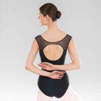 Women's Bi-Material Short-Sleeved Ballet Leotard - Black