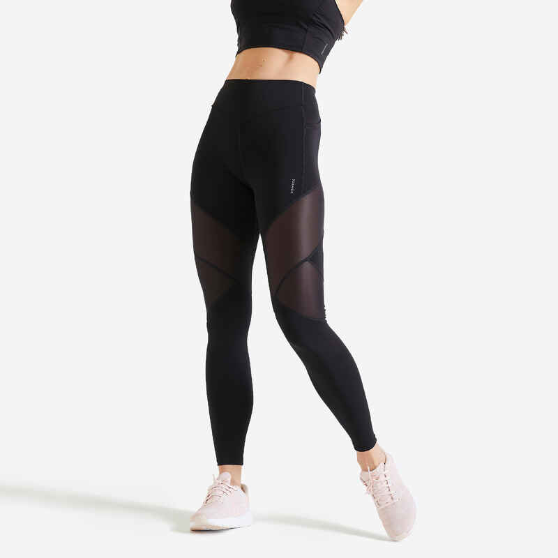Leggings Damen Fitness Cardio hoher Bund Bimaterial - schwarz