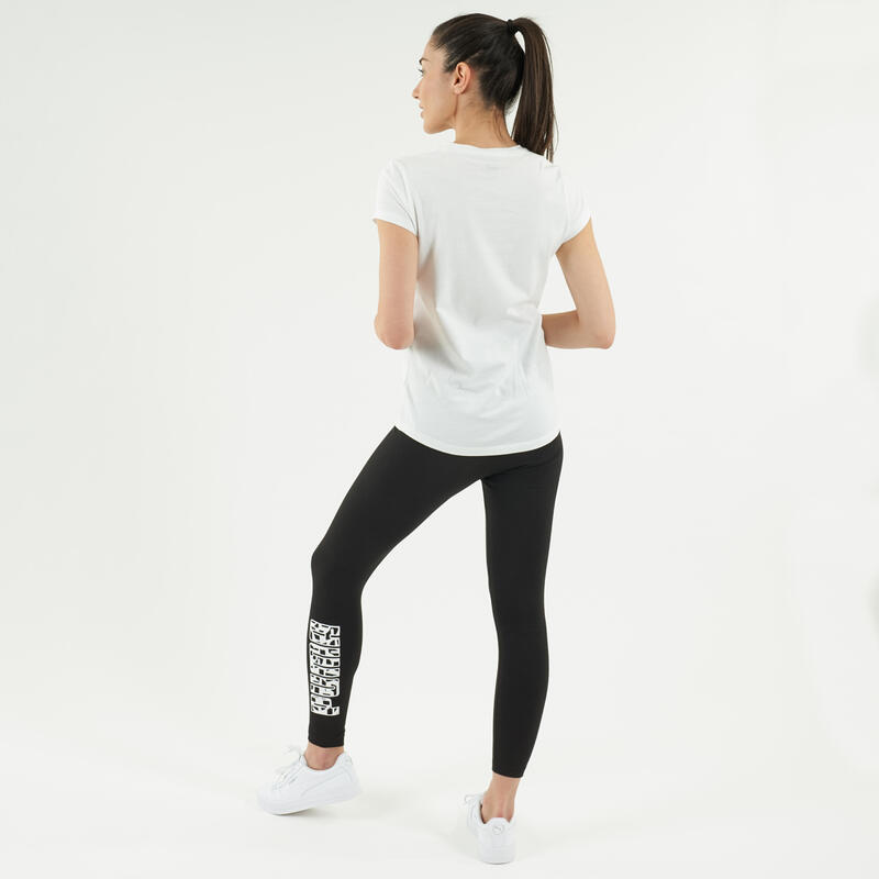 Legging fitness 7/8 coton majoritaire extensible femme - Logo noir blanc