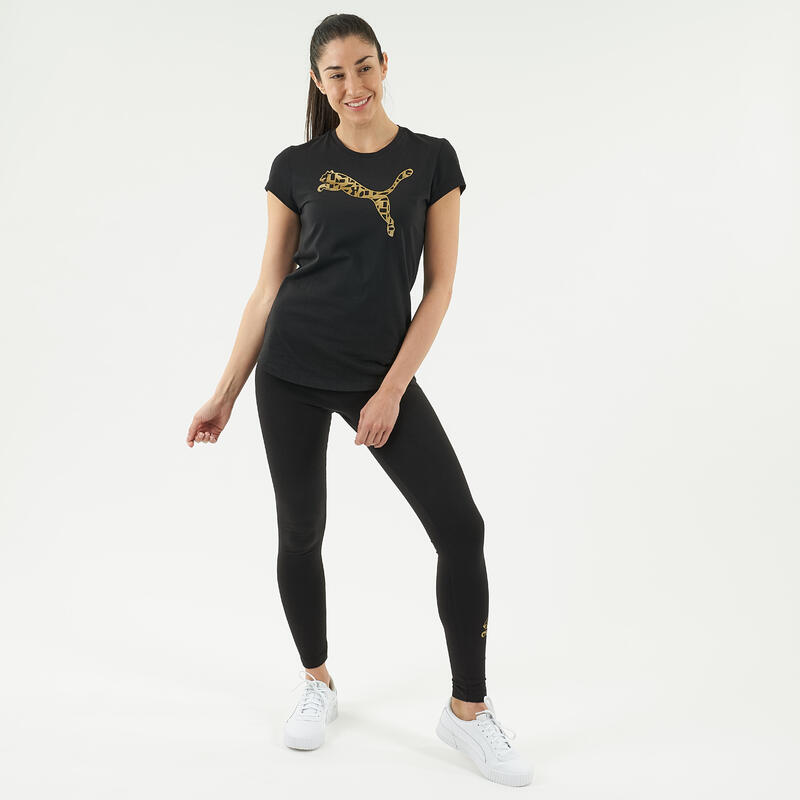 Legging fitness long coton majoritaire extensible femme - Logo noir or