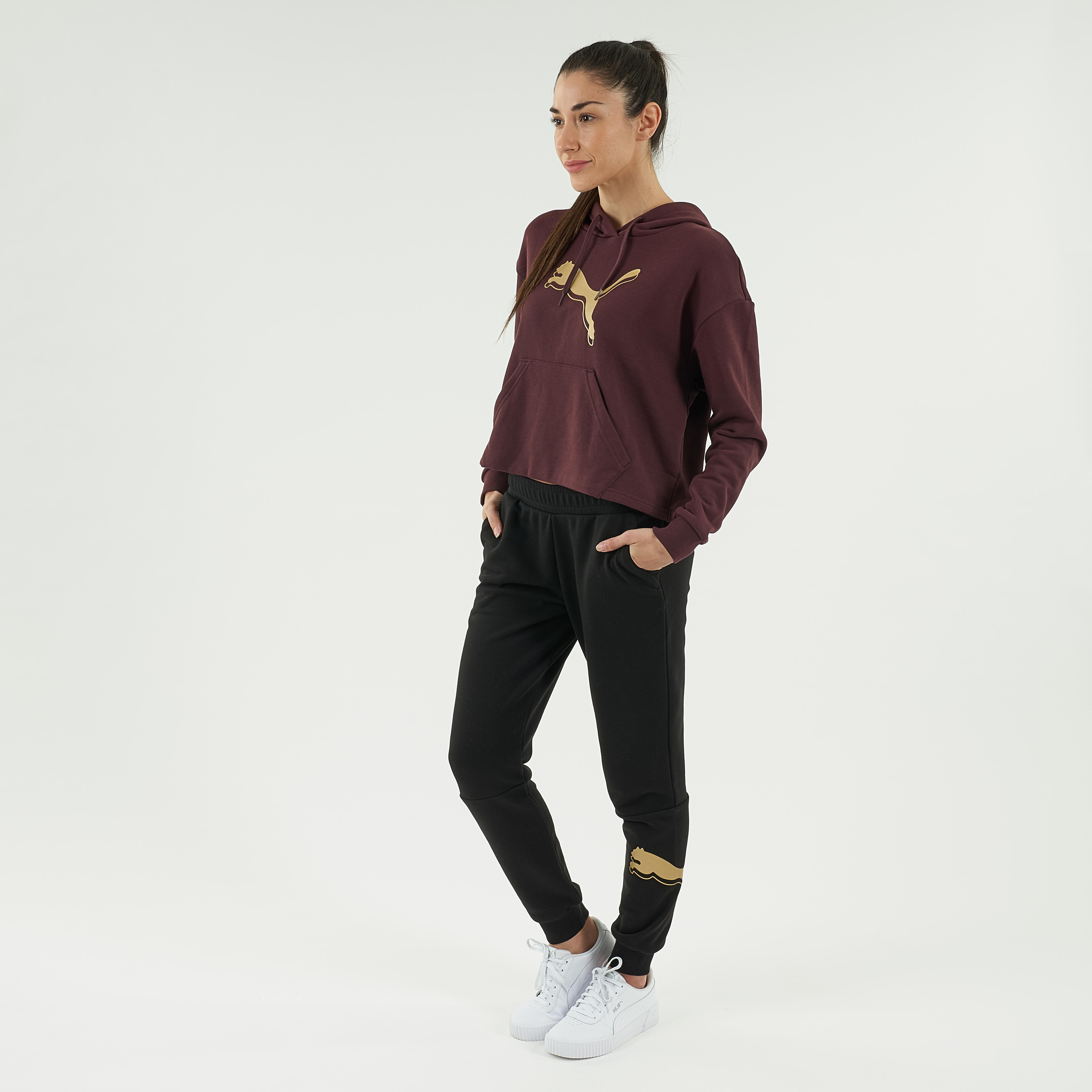 Women's straight round-neck hooded sweatshirt - burgundy