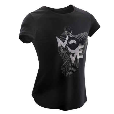 Camiseta de fitness manga corta para Niña Domyos 500 negro estampado