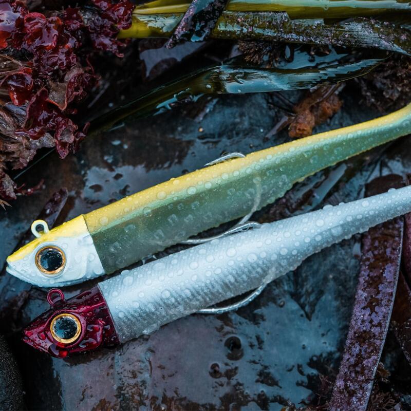 Combo Señuelos Flexibles Pesca Mar Ancho 120 Cabeza Rojo/Amar. Shad Tejano 18 G