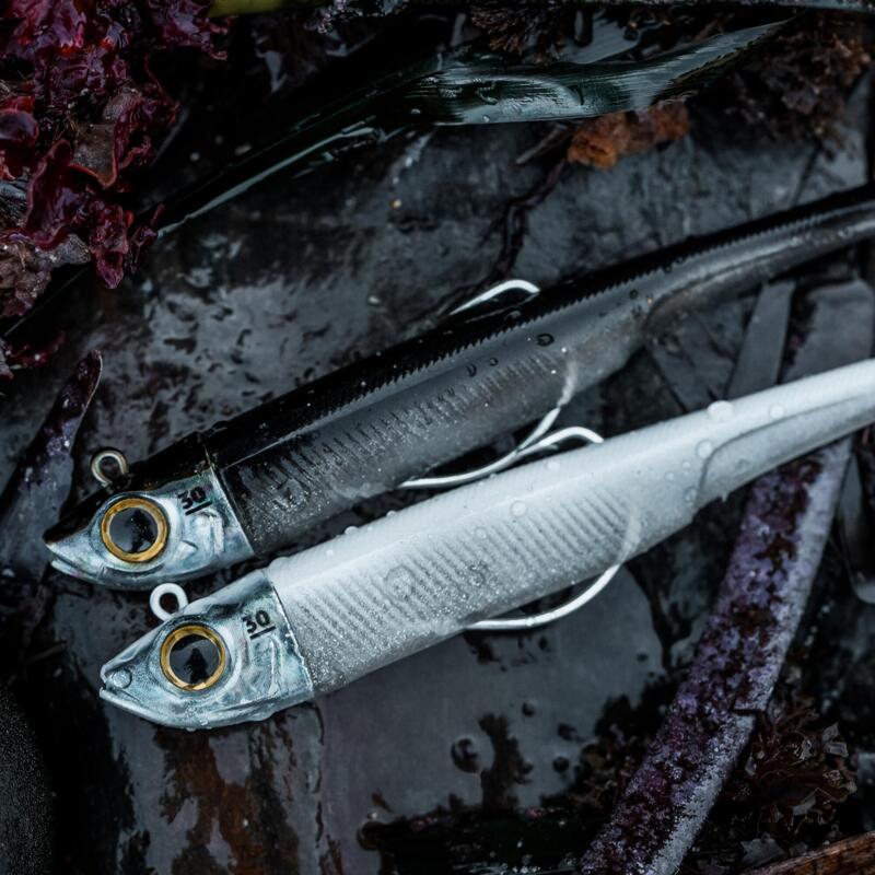 Měkká nástraha na mořský rybolov texan Ancho 90 12 g stříbrná černý hřbet / bílý hřbet