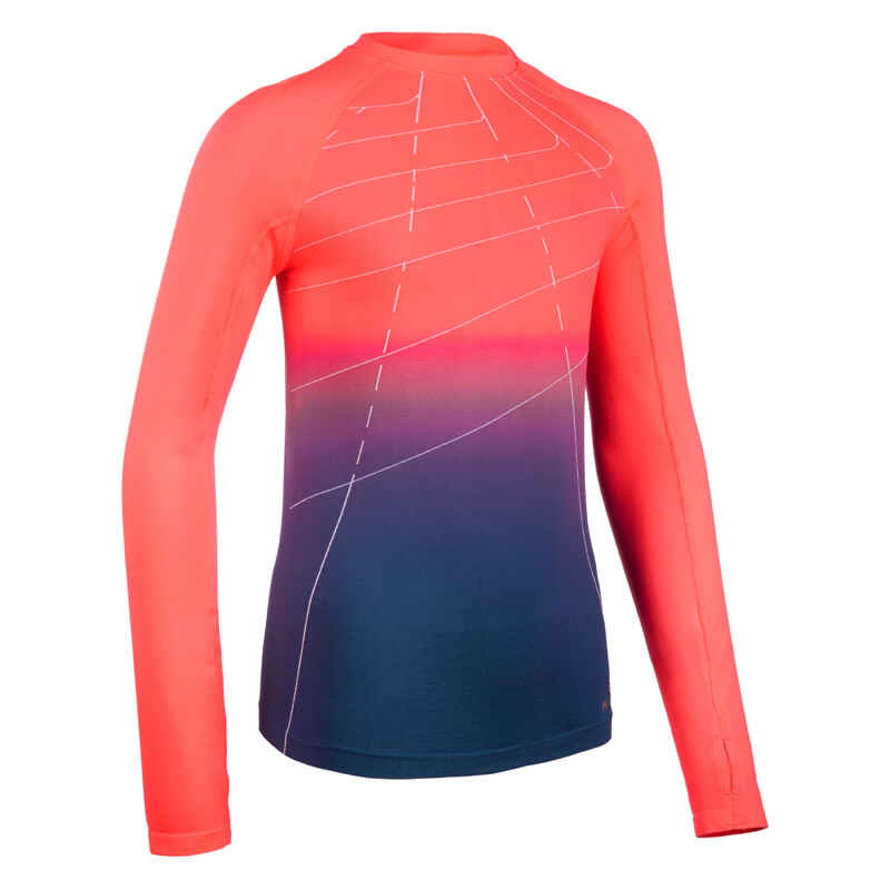 Laufshirt langarm Leichtathletik AT500 Skincare Kinder neonrosa/blau Laufshirt langarm Leichtathletik AT500 Skincare Kinder neonrosa/blau
