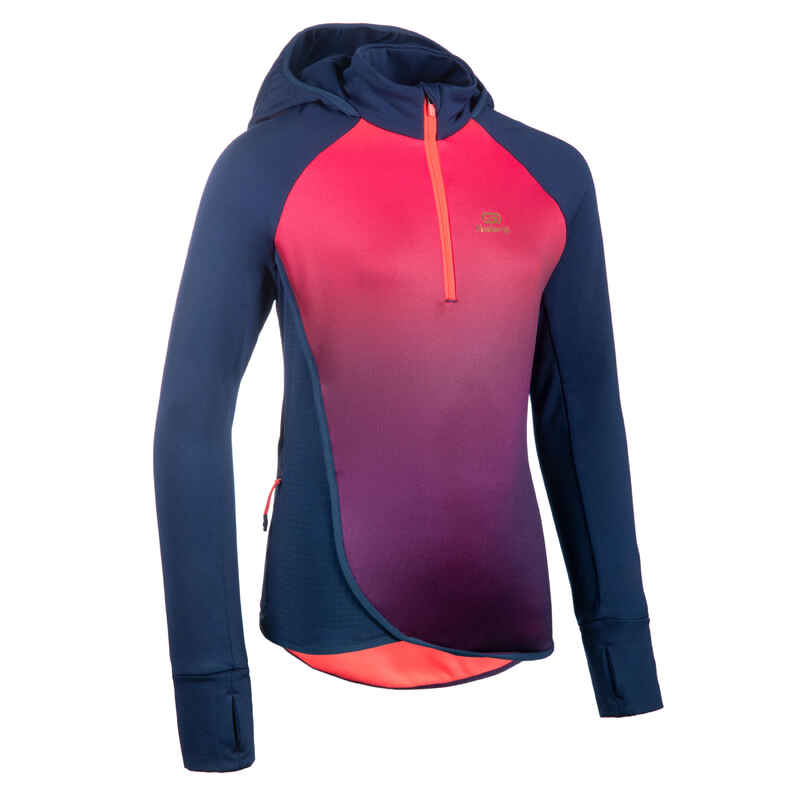 Lauftrikot langarm Kiprun Warm Reissverschluss Kinder marineblau/rosa