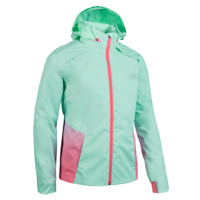 Nepromokavá dívčí bunda na atletiku AT500 zeleno-růžová 