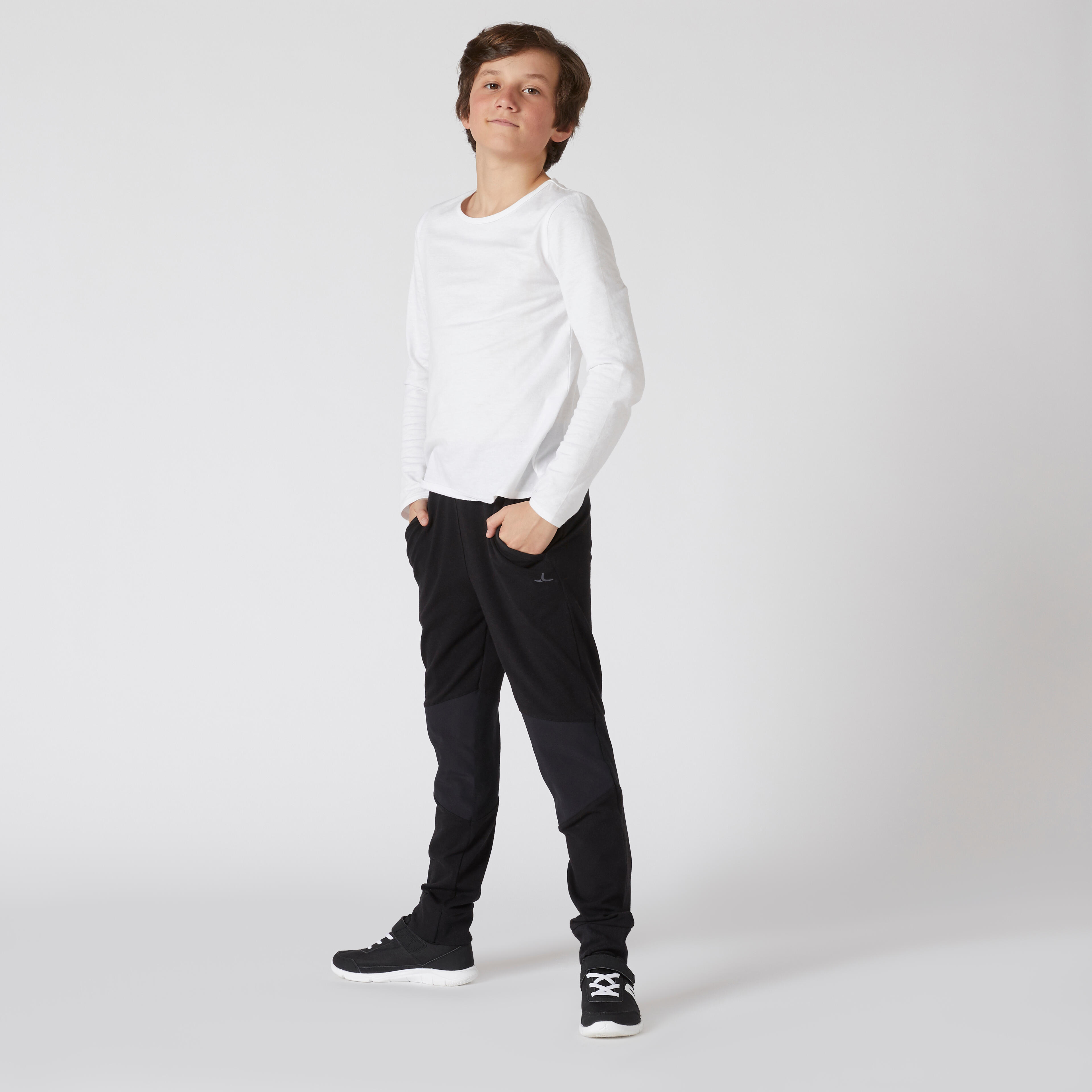 Kids Light Slim Fit Cotton Jogging Bottoms 500 Black Decathlon