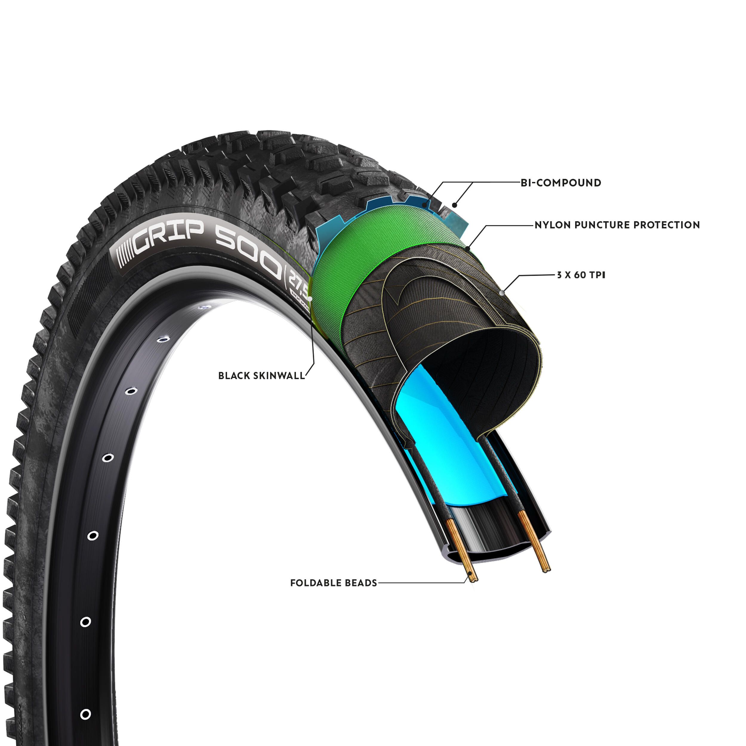 27.5" x 2.6 Rockrider Mountain Bike Tyre Grip 500 E+ 4/6