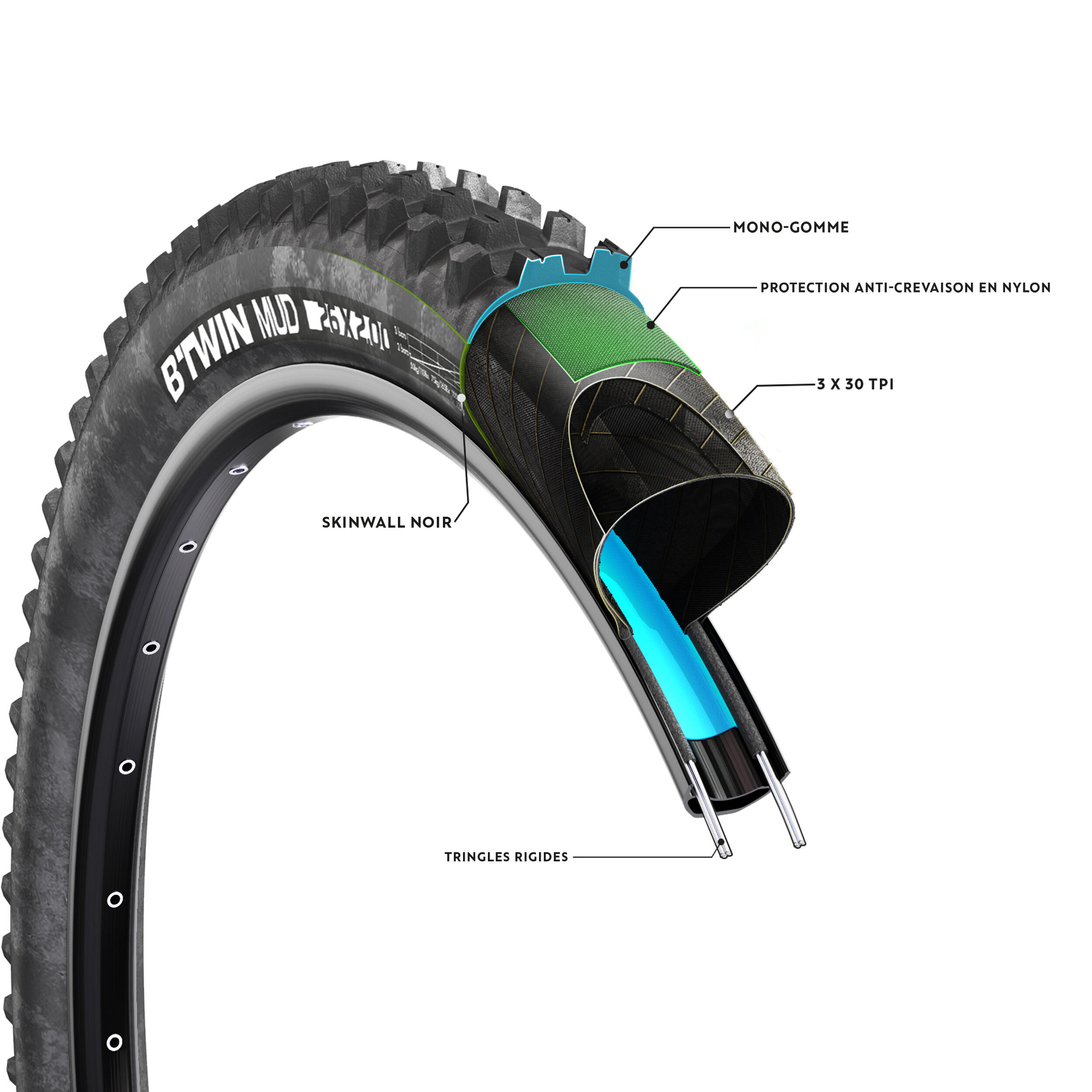 26x2.00 Mountain Bike Tyre BTWIN Decathlon
