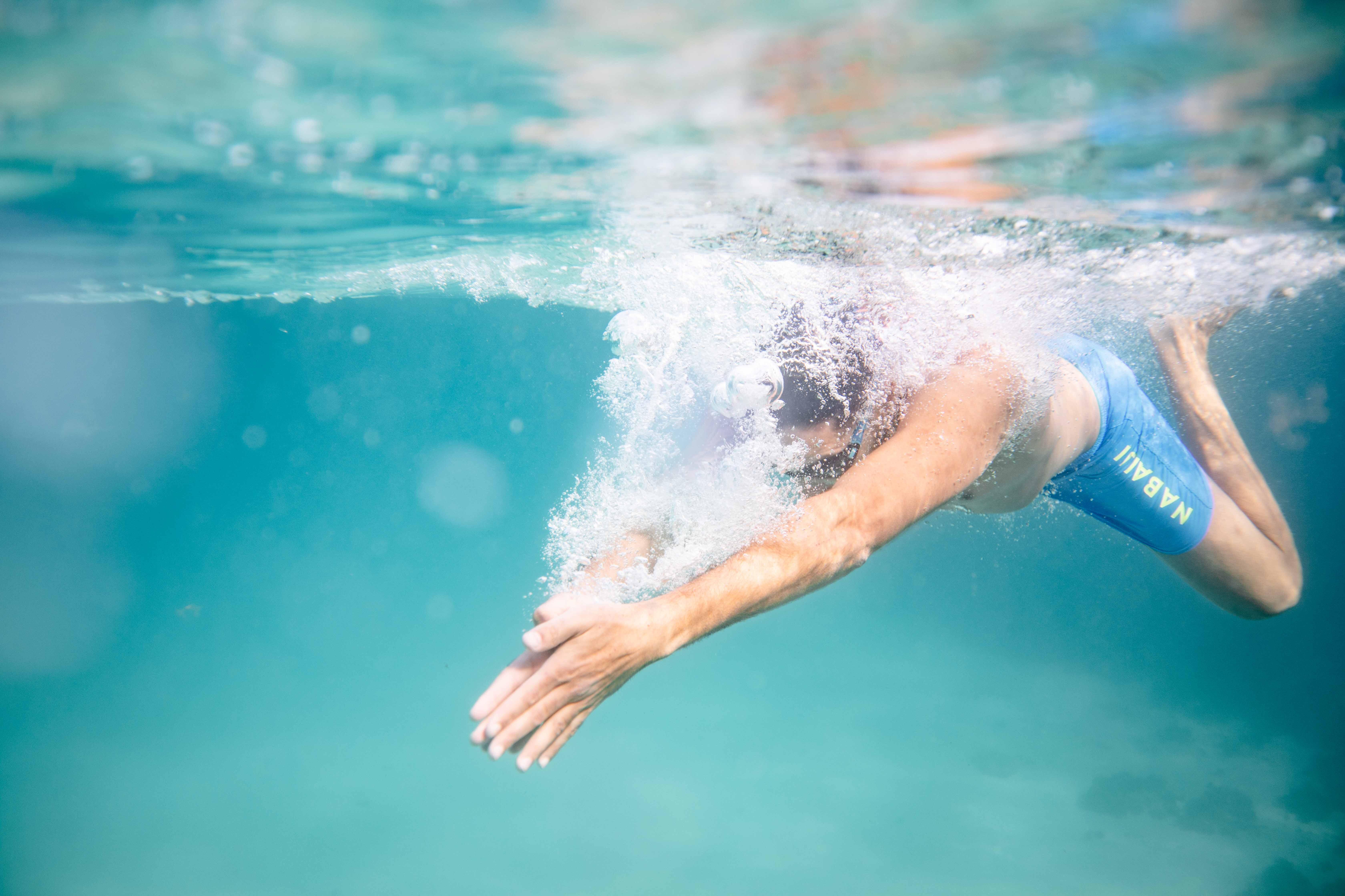 Basic Swim Shorts 100 - Boys - [EN] steel blue, Fluo blood orange - Nabaiji  - Decathlon