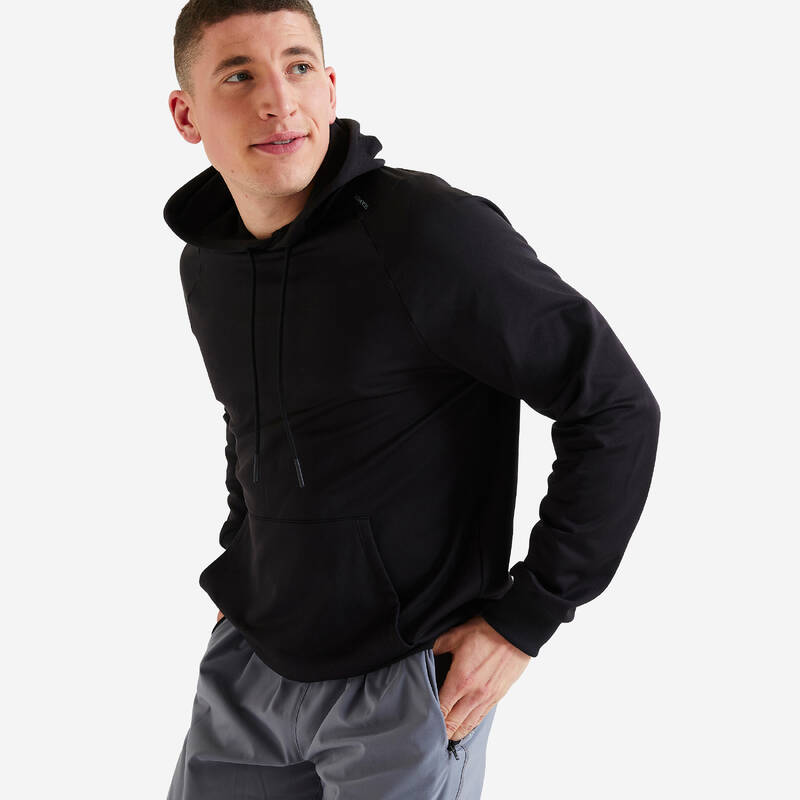 Sudadera fitness transpirable con capucha negra lisa para hombre