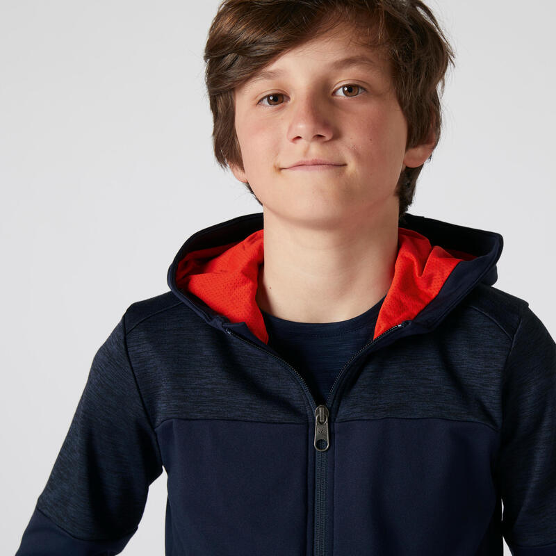 Ademende warme en rekbare hoodie met rits voor kinderen marineblauw