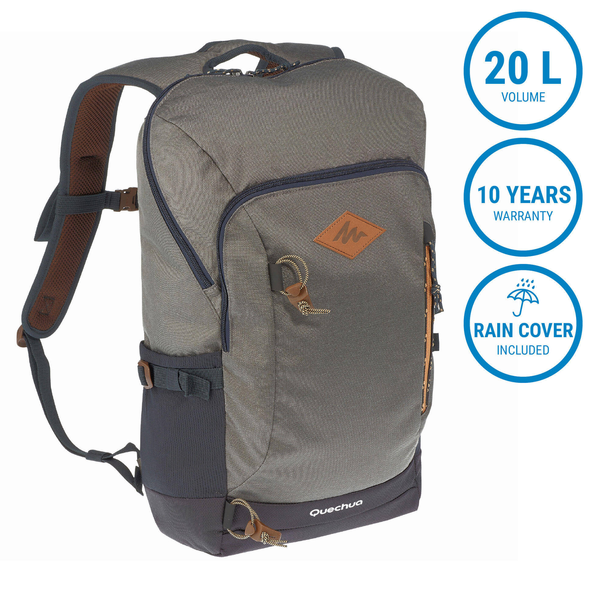 Hiking Bag 20 Litre (with Raincover) NH500 - Khaki Grey -  1