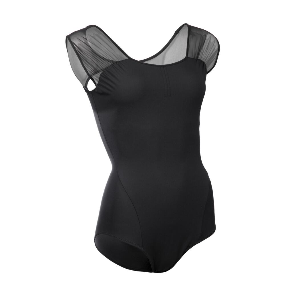 Women's Bi-Material Short-Sleeved Ballet Leotard - Black