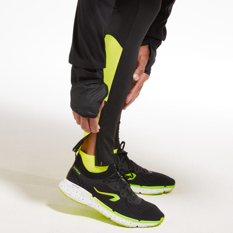 Mallas running largas térmicas Hombre Kiprun Warm negro amarillo