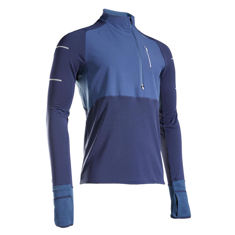 T-SHIRT RUNNING MANCHES LONGUES HIVER HOMME KIPRUN WARM REGUL BLEU