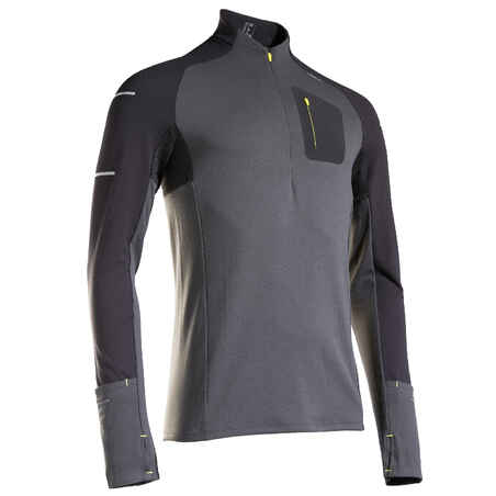 KIPRUN WARM LIGHT MEN'S LONG-SLEEVED WINTER RUNNING T-SHIRT BLACK GREY YELLOW