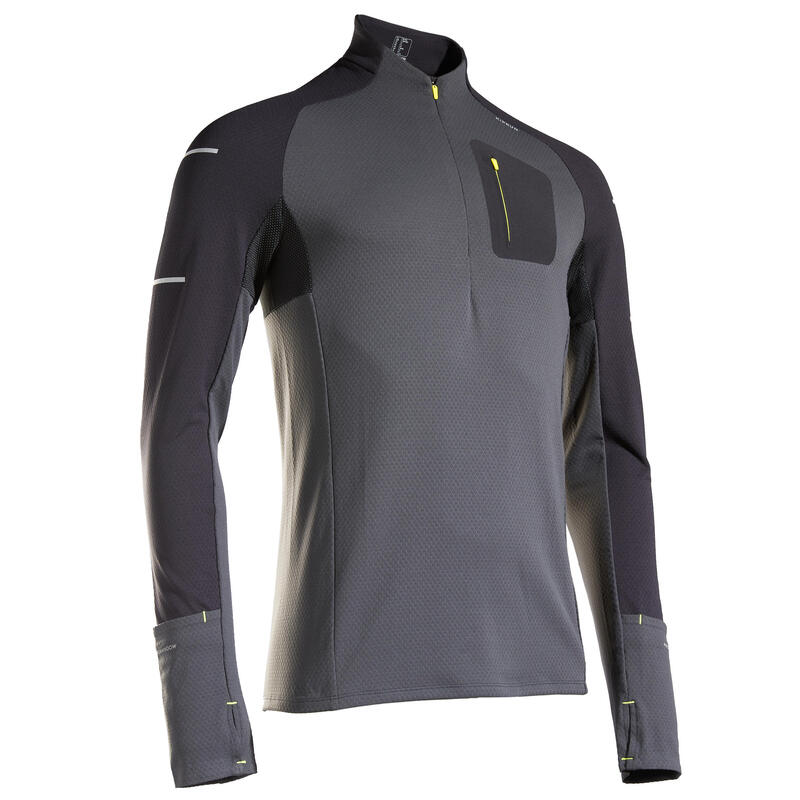 CAMISOLA DE CORRIDA KIPRUN WARM LIGHT INVERNO HOMEM PRETO CINZA AMARELO