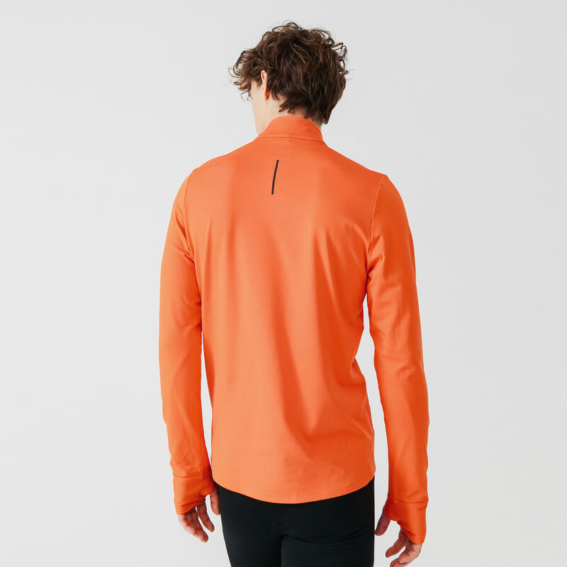 男款跑步長袖T恤RUN WARM橘紅色