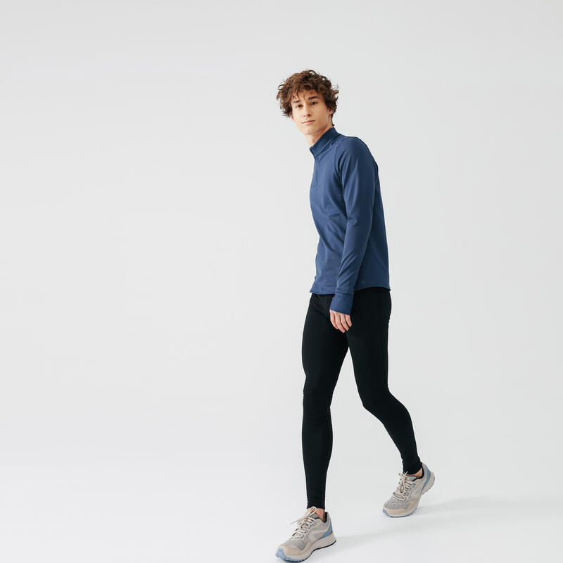 Warm hardloopshirt met rits en lange mouwen voor heren Run 100 Warm blauw