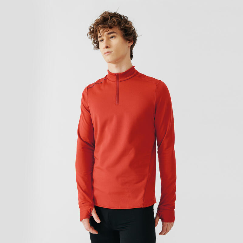 TEE SHIRT MANCHES LONGUES DE RUNNING CHAUD HOMME KALENJI ROUGE BRIQUE