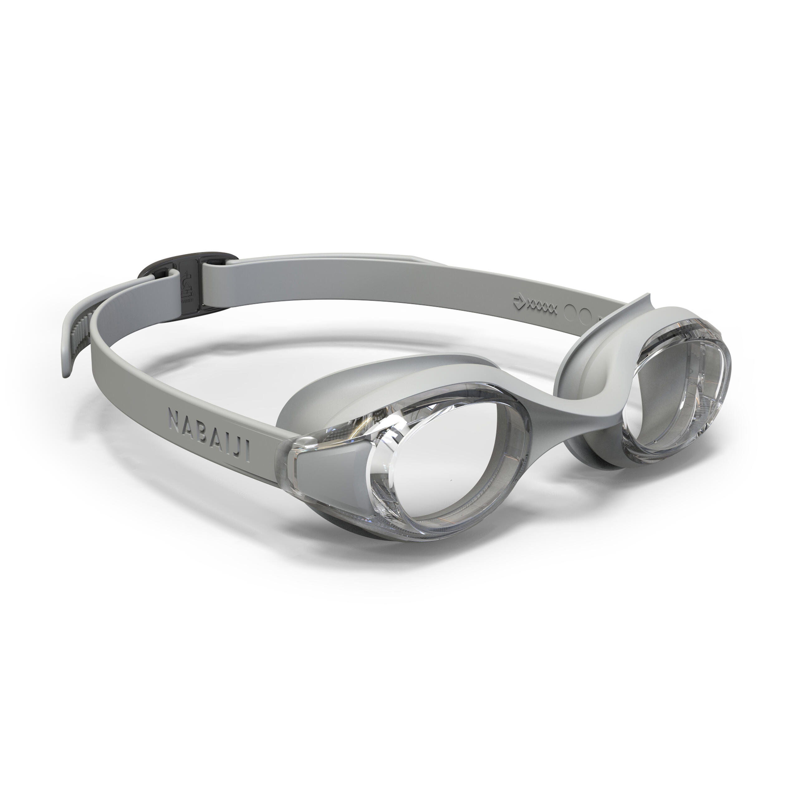 One size swimming goggles with clear lenses, ready grey