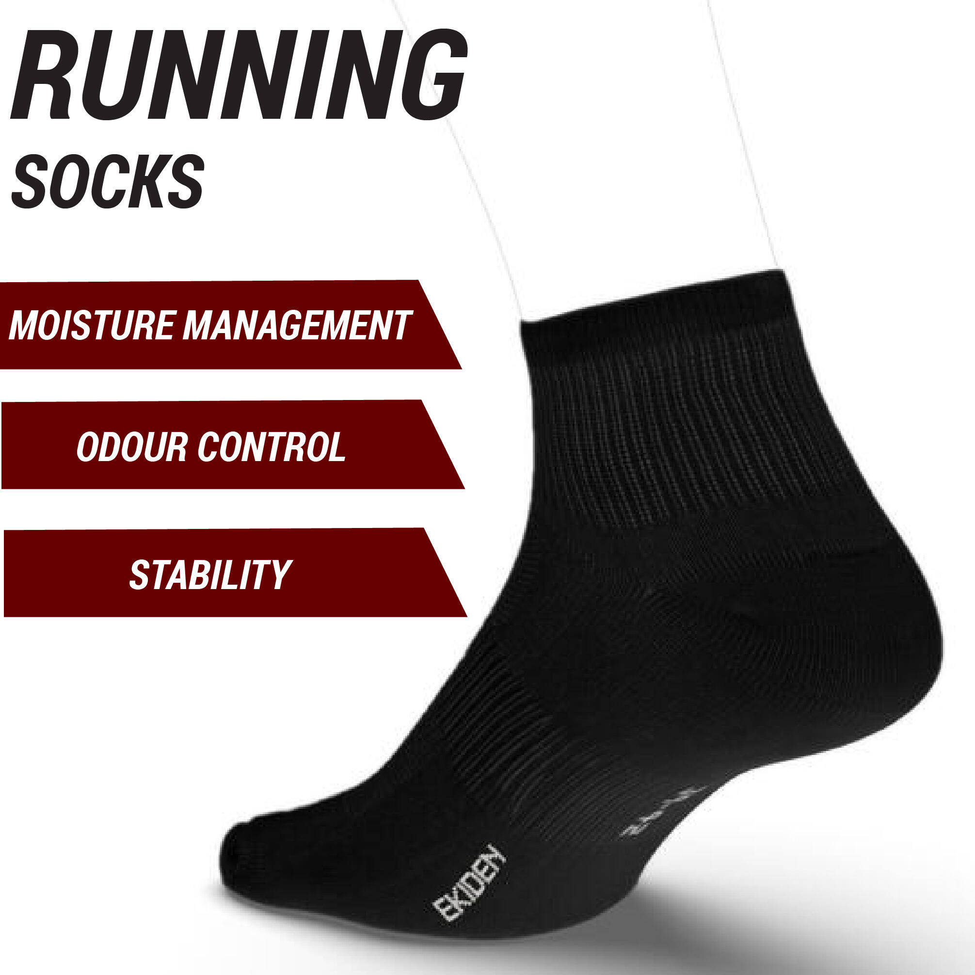 Pack of 3 Running Socks, Quick Dry, Cotton Socks, Run 100 - Black -  2