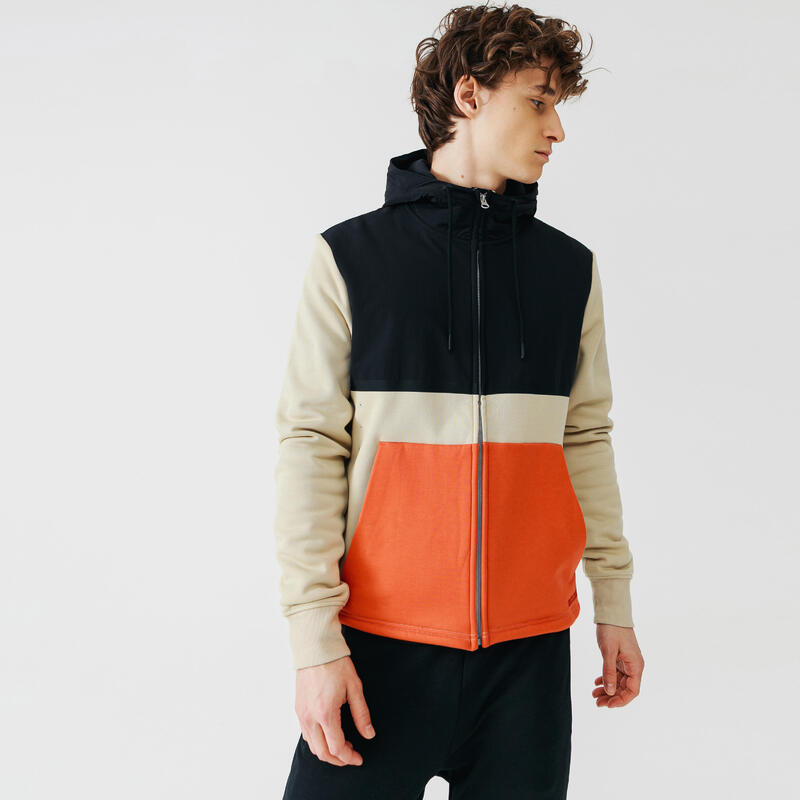 VESTE A CAPUCHE DE RUNNING HOMME KALENJI WARM + BEIGE & ORANGE