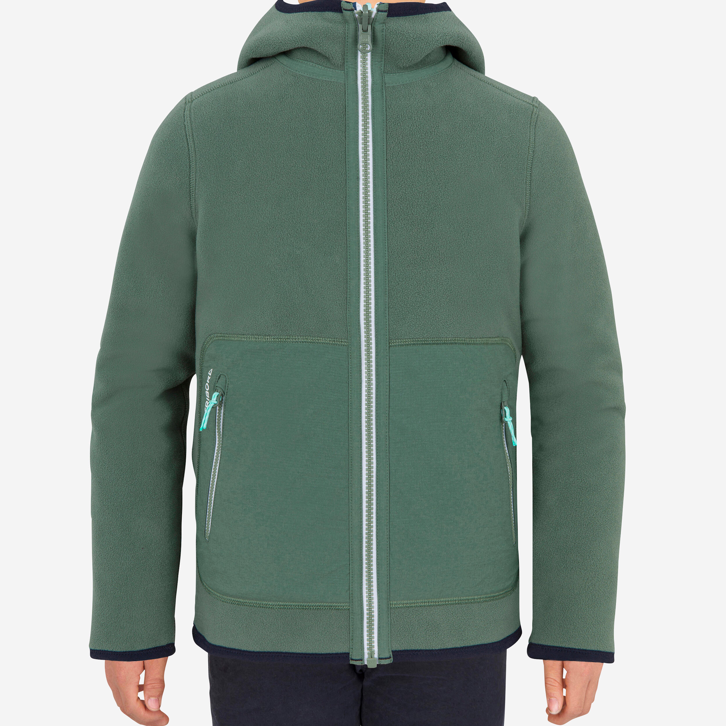 TRIBORD Detská hrejivá fleecová mikina 500 obojstranná kaki-modrá 4 roky