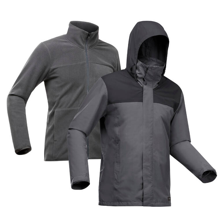 Jaket Trekking Pria 3-in-1 Travel100 Waterproof 0°C - Abu-Abu