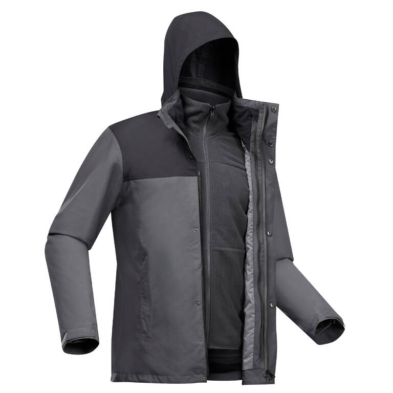 Jaket Trekking Pria 3-in-1 Travel100 Waterproof 0°C - Abu-Abu