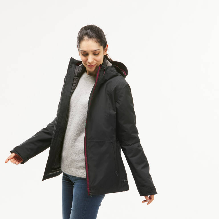 Women's 3-In-1 Waterproof Comfort -8°C Travel Trekking Jacket - TRAVEL 500 - Blk