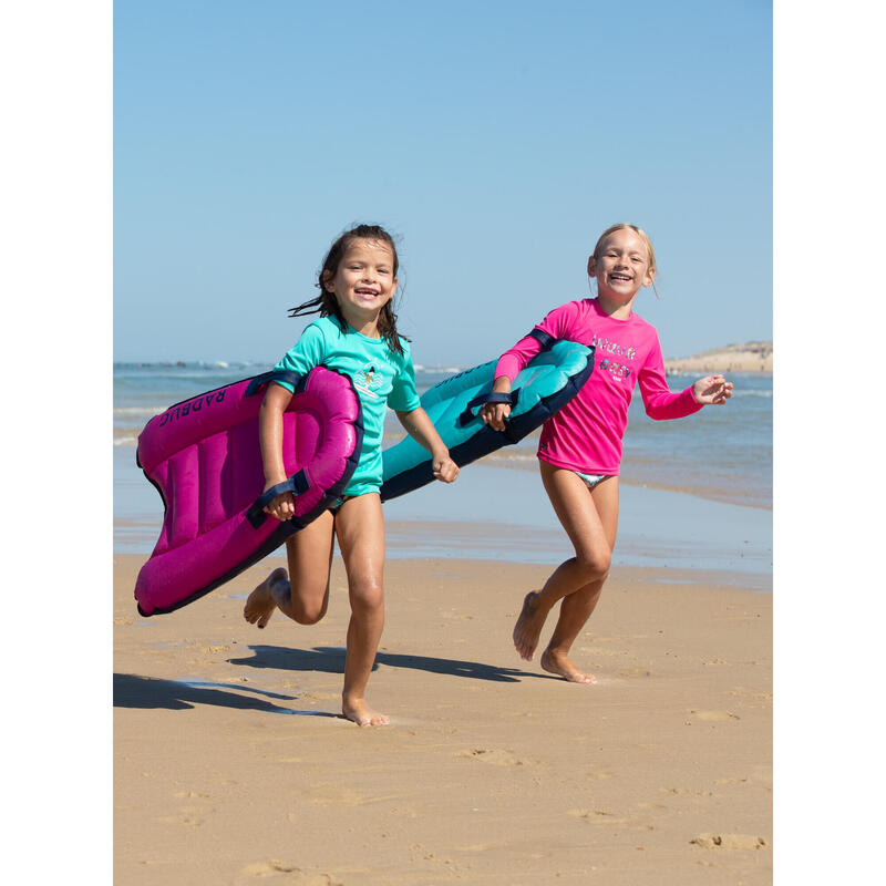 Uv-werend zwemshirt met korte mouwen voor kinderen turquoise met opdruk