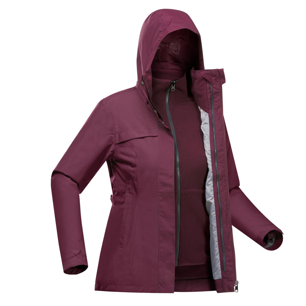 Women's waterproof 3in1 travel trekking jacket - Travel 100  0° - Burgundy